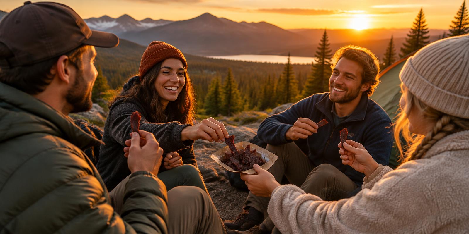 Friends sharing jerky at a mountain campsite at sunset