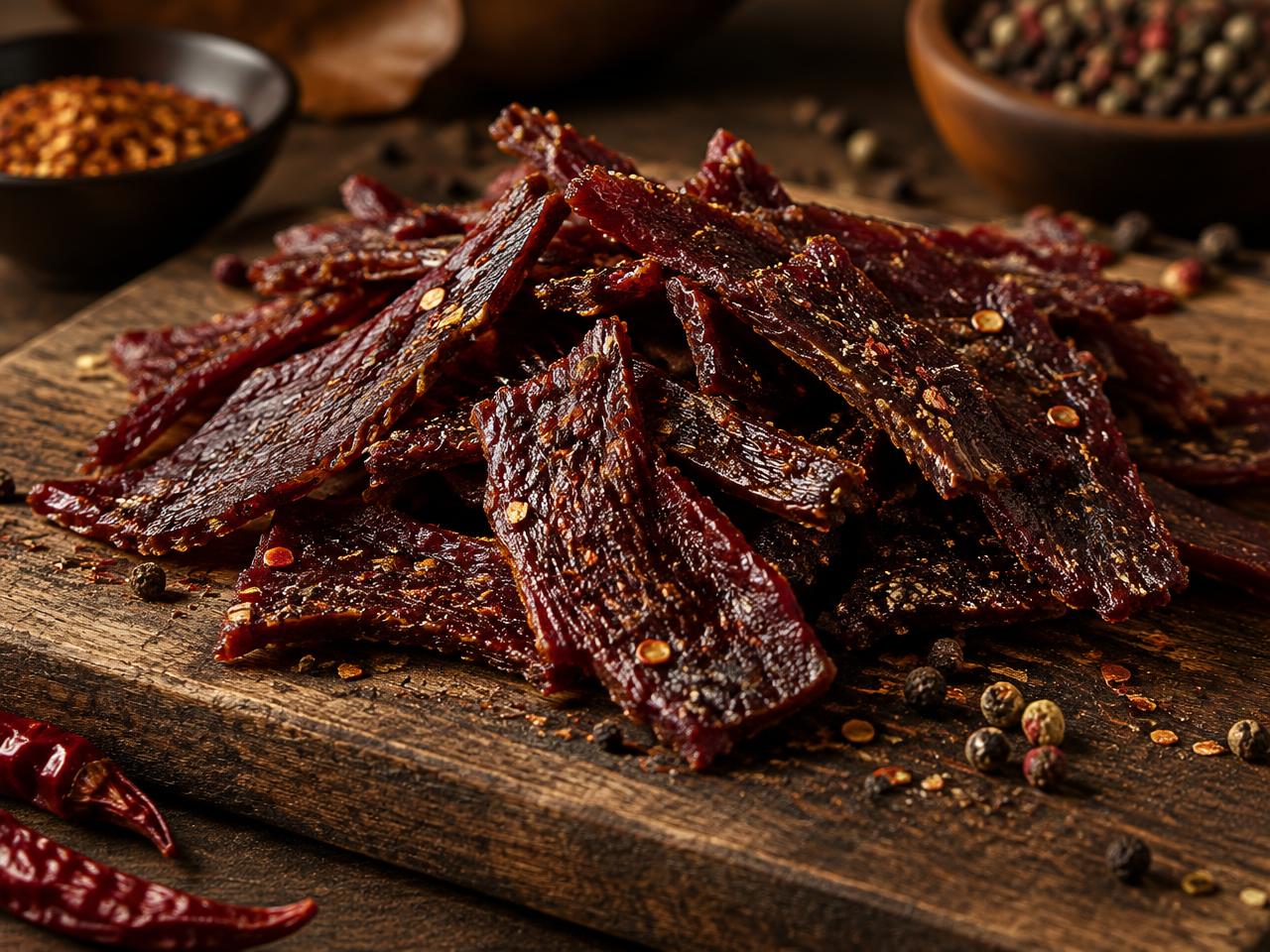Pile of glossy beef jerky with chili flakes and peppercorns on a wooden board