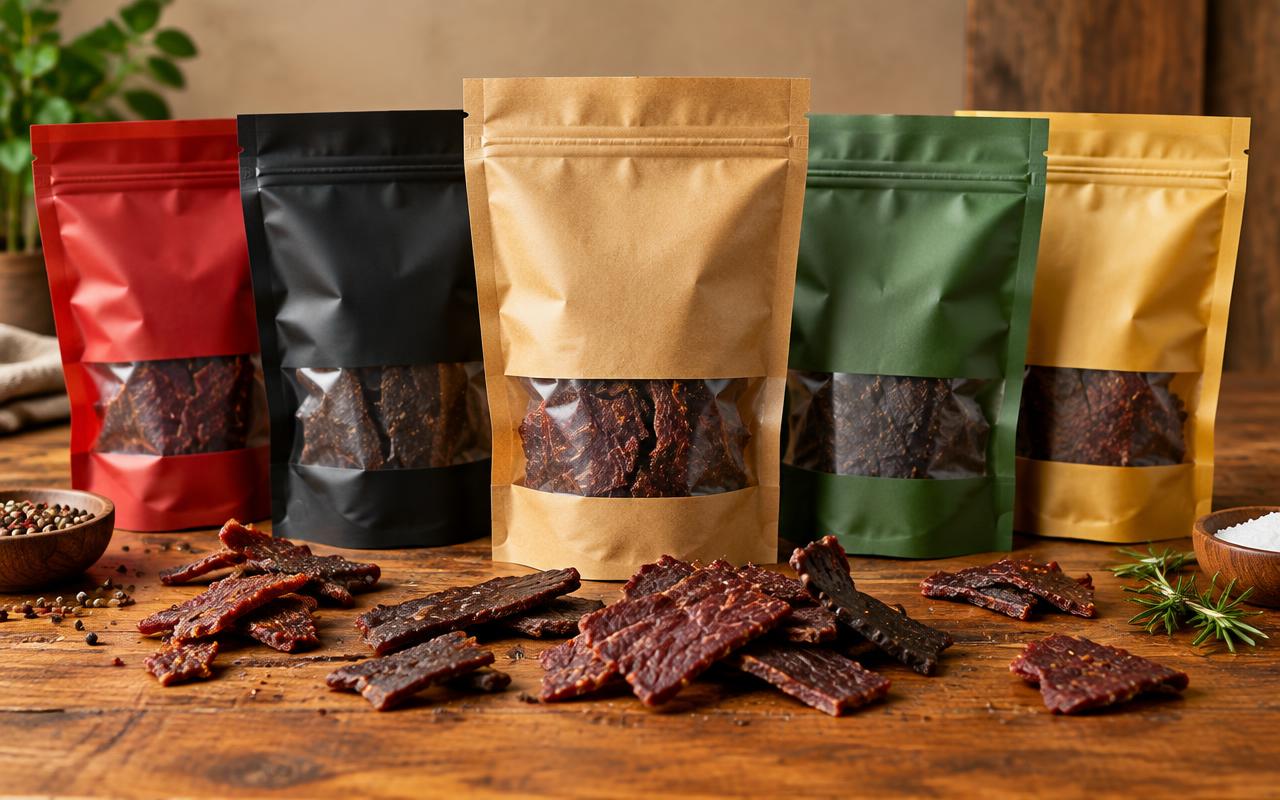 Assorted jerky pouches with beef jerky on a wooden table